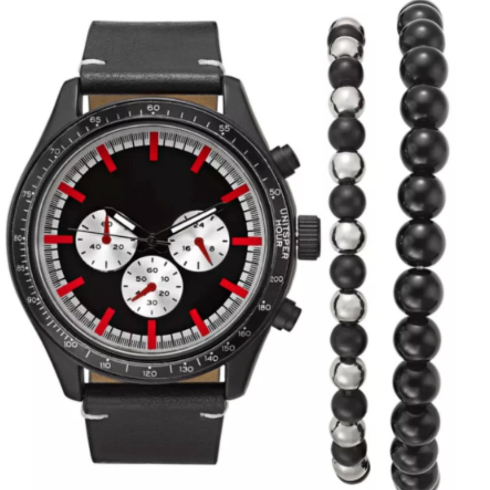 INC Men's Black Leather Strap Watch / Bracelet